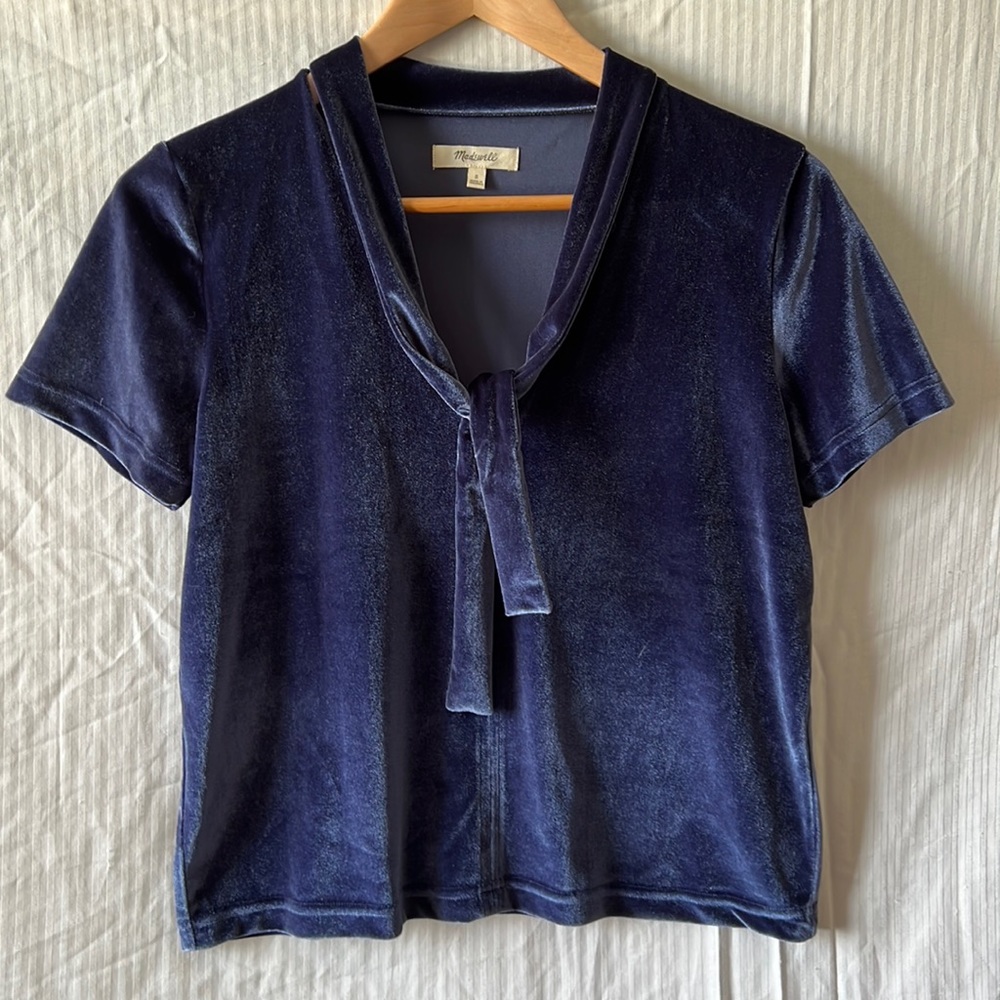 Madewell blue velour top with front ties